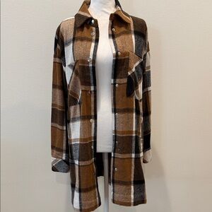 Women’s HoTouch HT Plaid Flannel Long Lightweight Jacket Brown and Black S